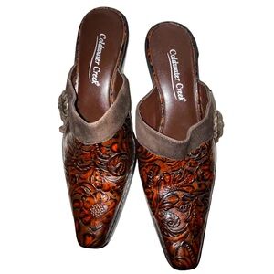 Coldwater Creek Tooled Leather and Suede Mules Size 7 Deep brown